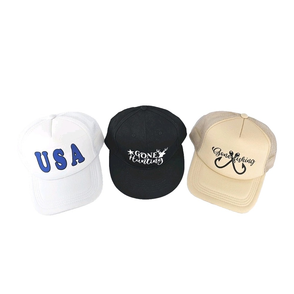 Set Of 3 Fun Work Trucker Hat Cap Mesh Snap Back USA Gone Hunting Gone Fishing